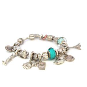 Pandora 925 Travel Bracelet W/ 20 Charms 7", Eiffle Tower, London, Disney, &MORE